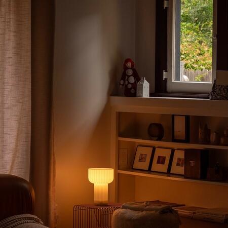 Gantri lamp glowing by a window